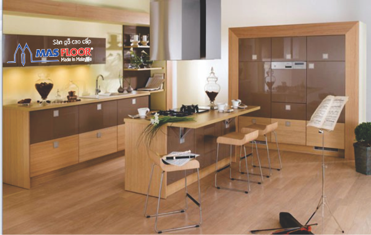 Bài trí không gian bếp hiện đại với nội thất sàn gỗ